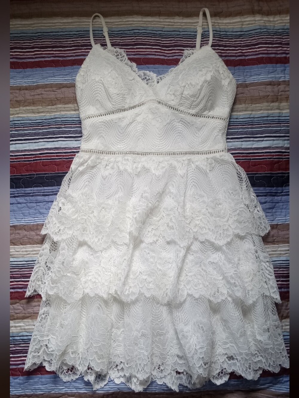 White Teeze Me Junior Womens Ladder Trim Tiered Floral Lace Fit Flare Dress 1/2 - Picture 3 of 11